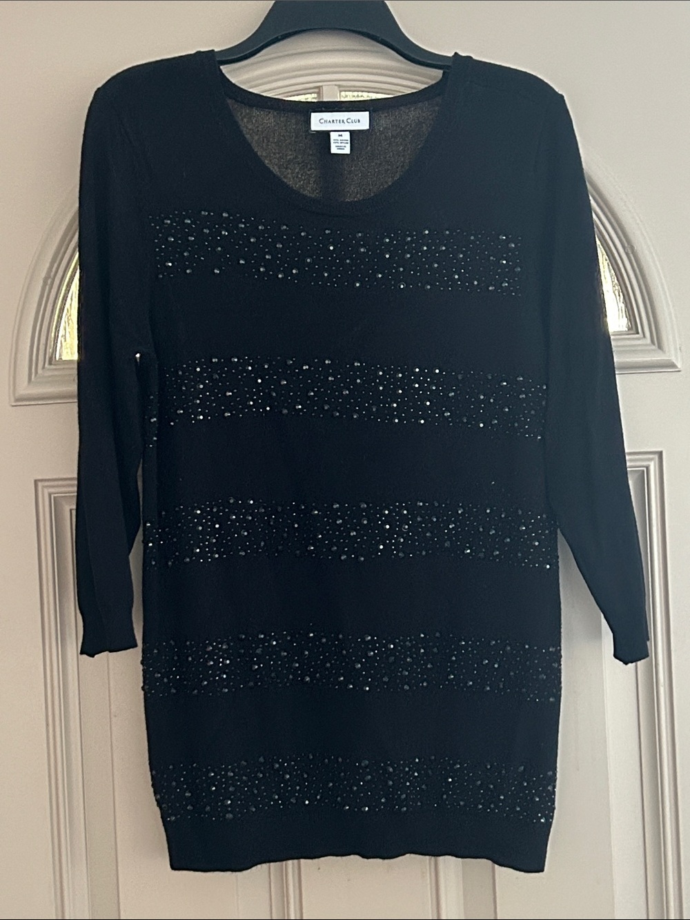 Charter Club Long Sleeve Rhinestone and Solid Stripe Alternating Tunic Sweater